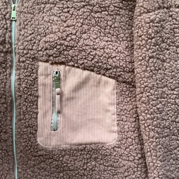 Plush Sherpa Zip-Up Jacket – Mauve Pink Teddy Fleece with Corduroy Pocket | Size - Picture 2 of 5